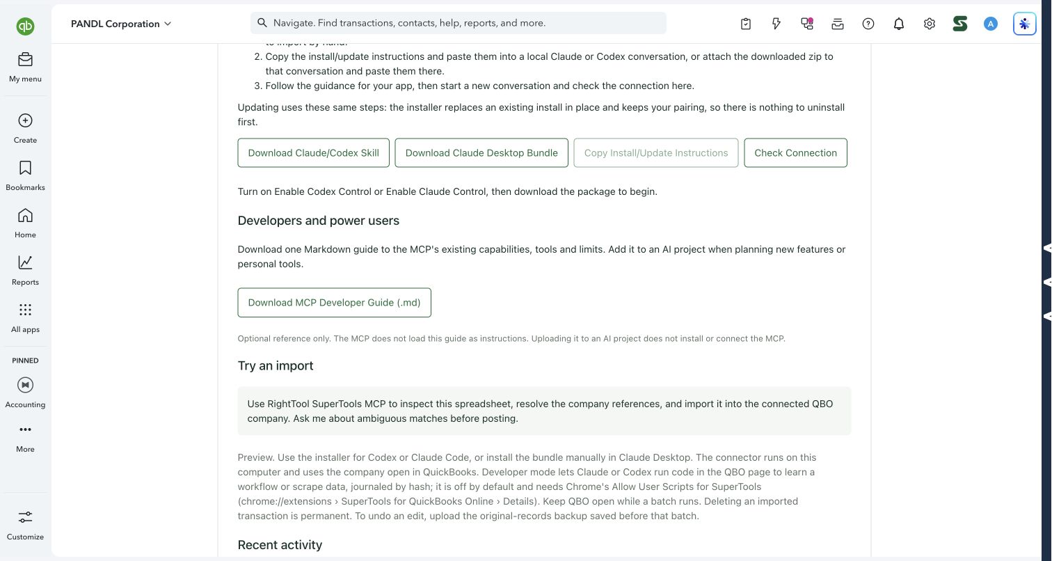Follow the installer and connection guidance in Allow Claude/Codex to Control QBO