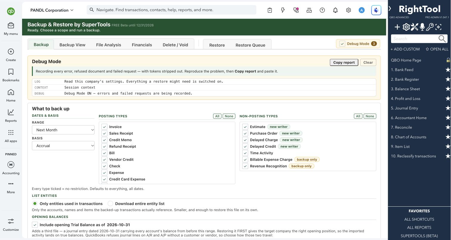 Choose backup scope, transaction types and opening balances