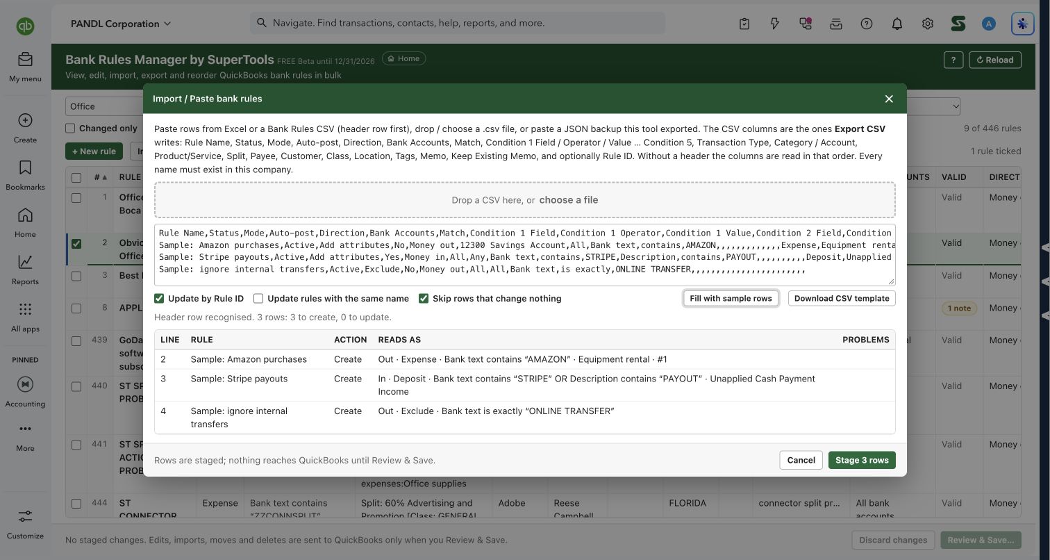 Preview spreadsheet rows before staging in Bank Rules Manager
