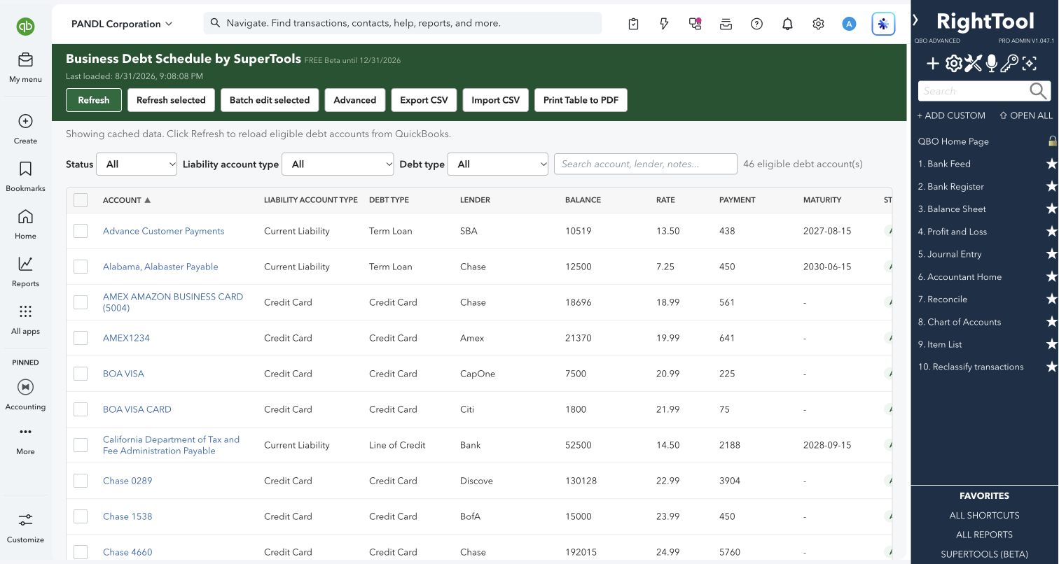 Debt balances, rates, payments and maturity dates