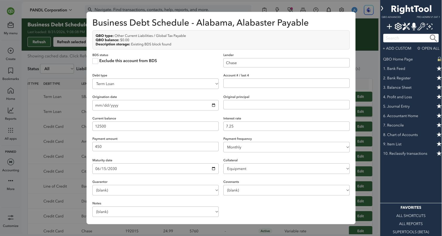 Debt terms and collateral detail form