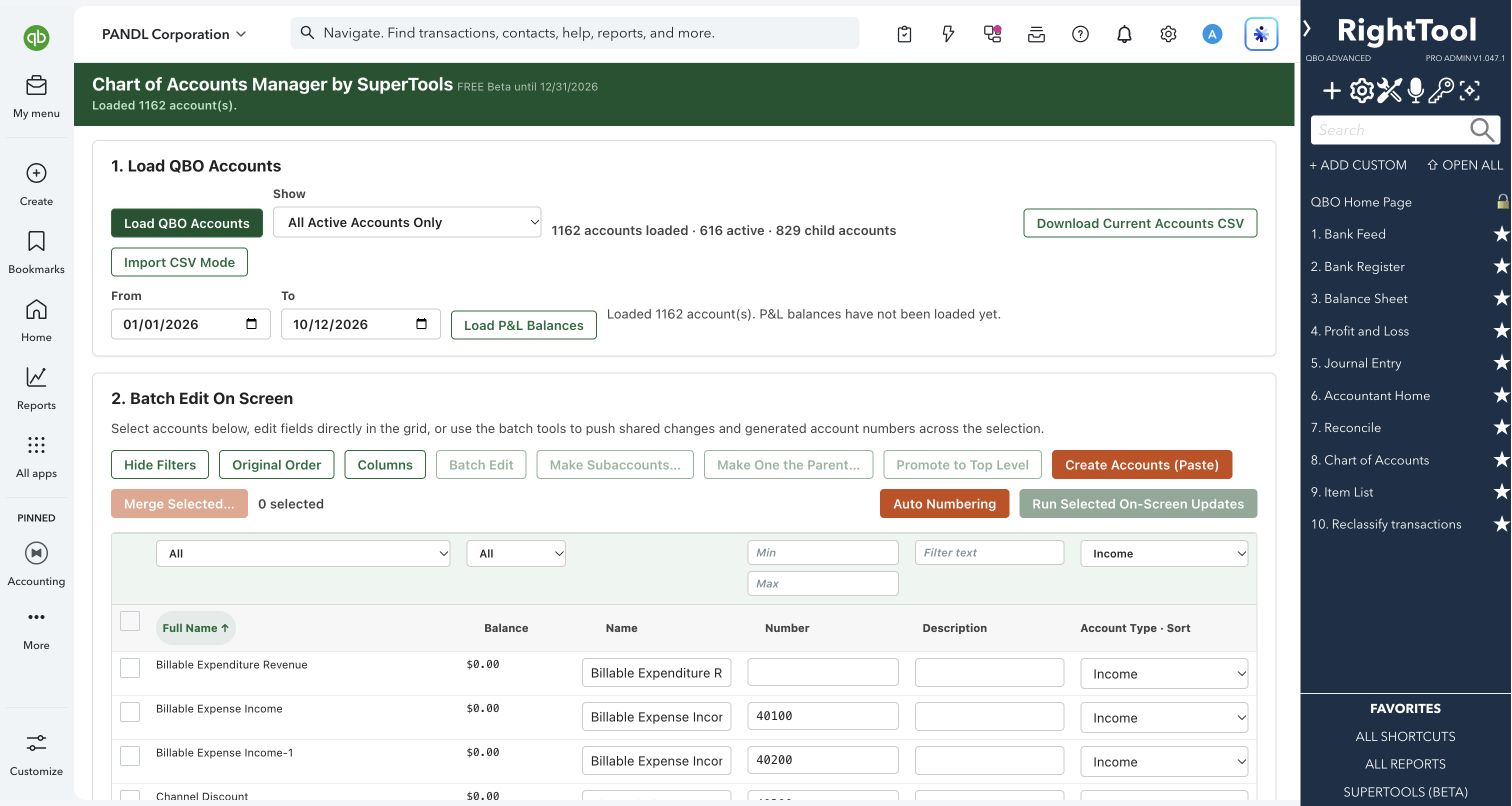 Editable chart of accounts grid