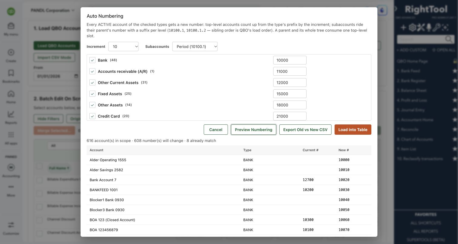 Preview old and proposed account numbers