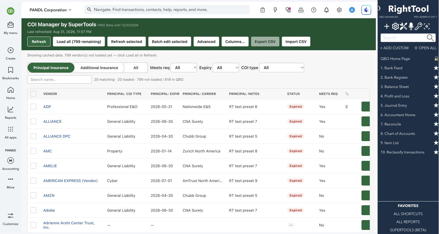 Insurance certificate tracking and expiration status