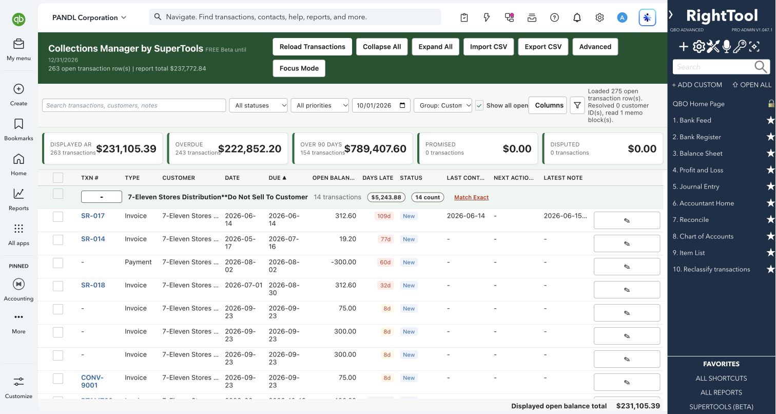 Receivables aging, statuses and next actions