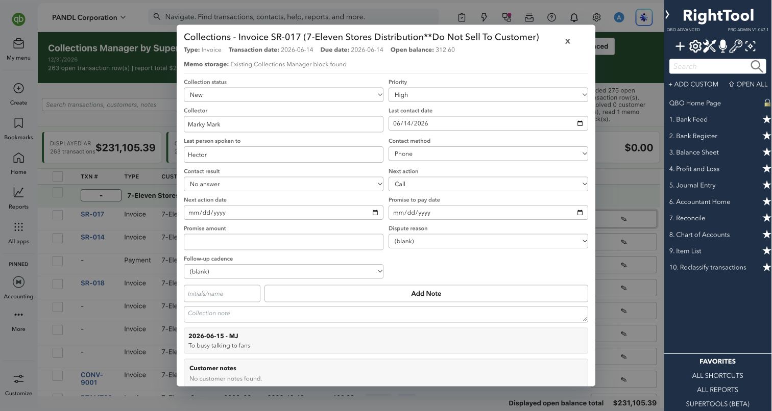 Collection contact history, promises and next actions