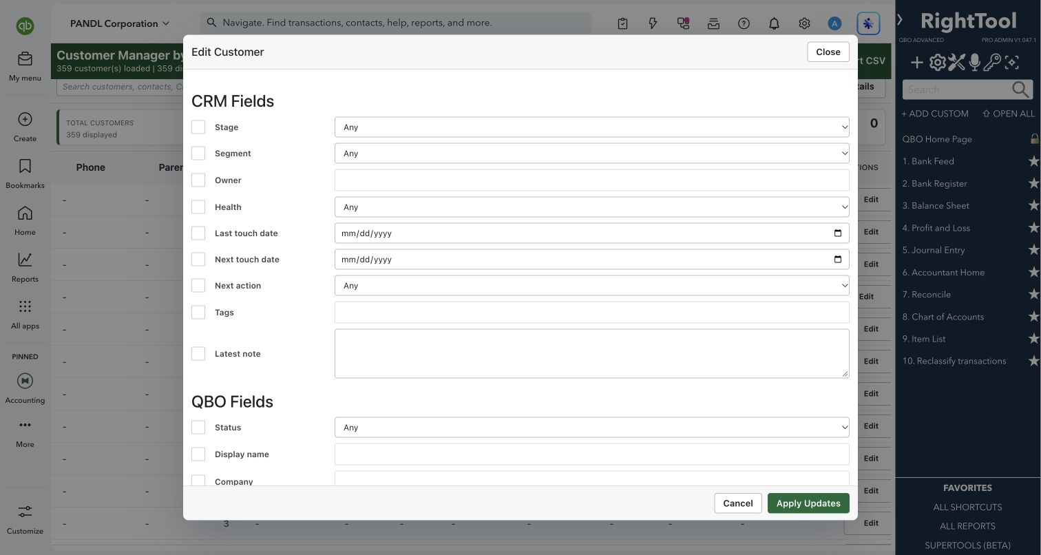 Customer CRM and QBO field edit dialog