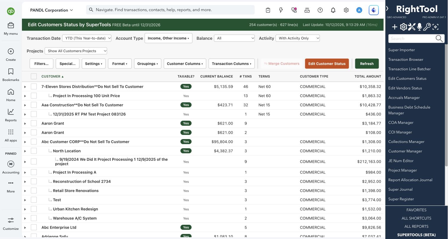 Customer tax status, balances and activity