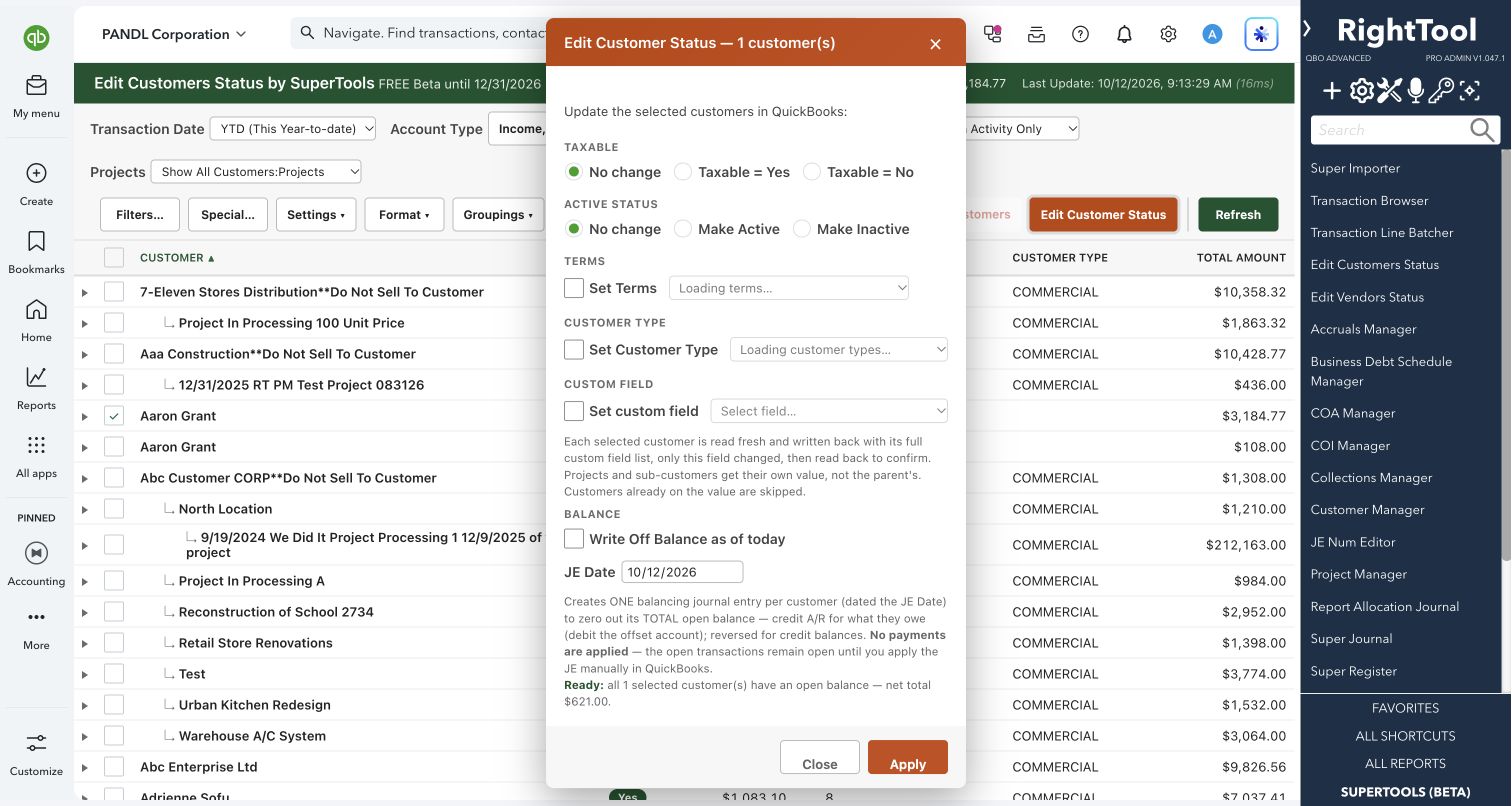 Batch tax, active status, terms and custom field options
