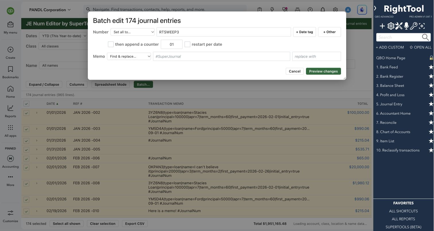 Batch numbering, date tags and memo replacement