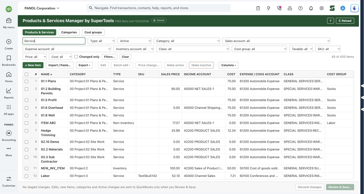 Products & Services Manager in QuickBooks Online