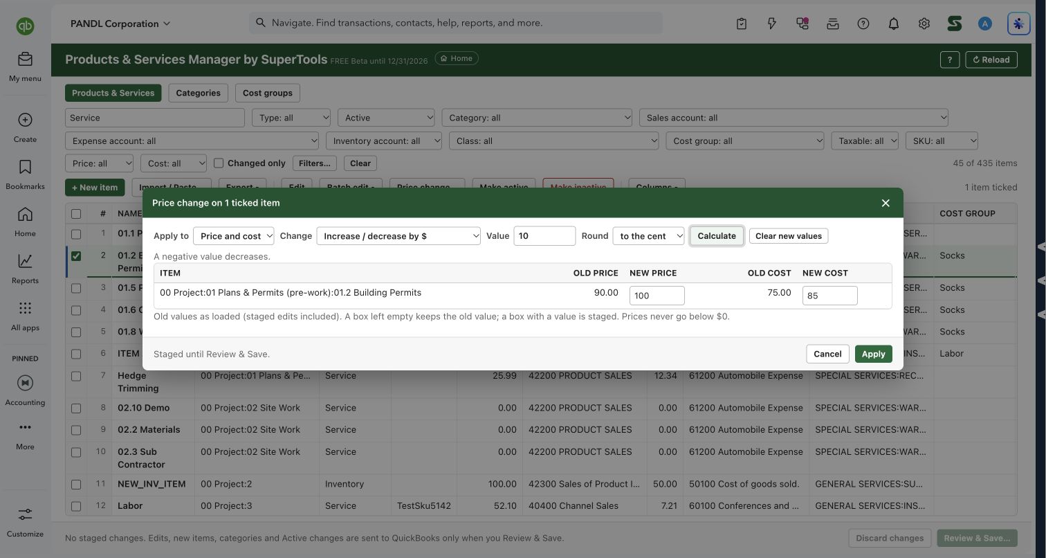 Calculate and compare price and cost changes in Products & Services Manager