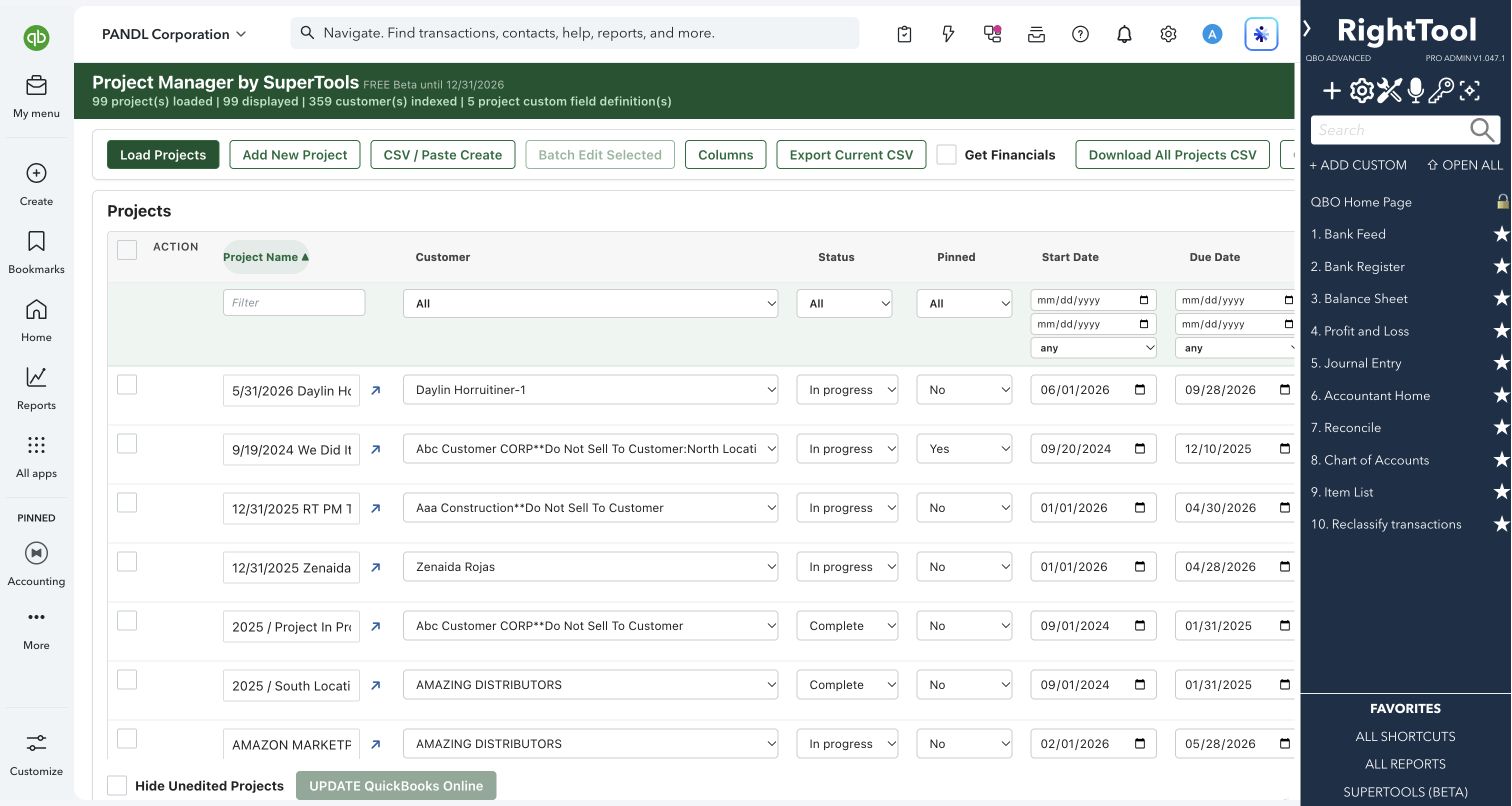 Projects with customer, status, dates and completion rate