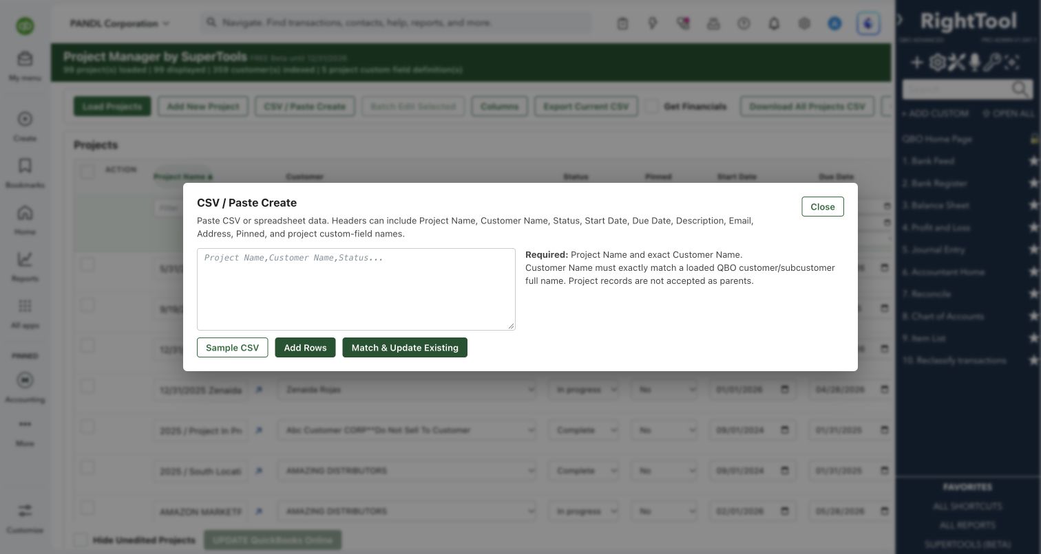 Bulk project creation and update from CSV