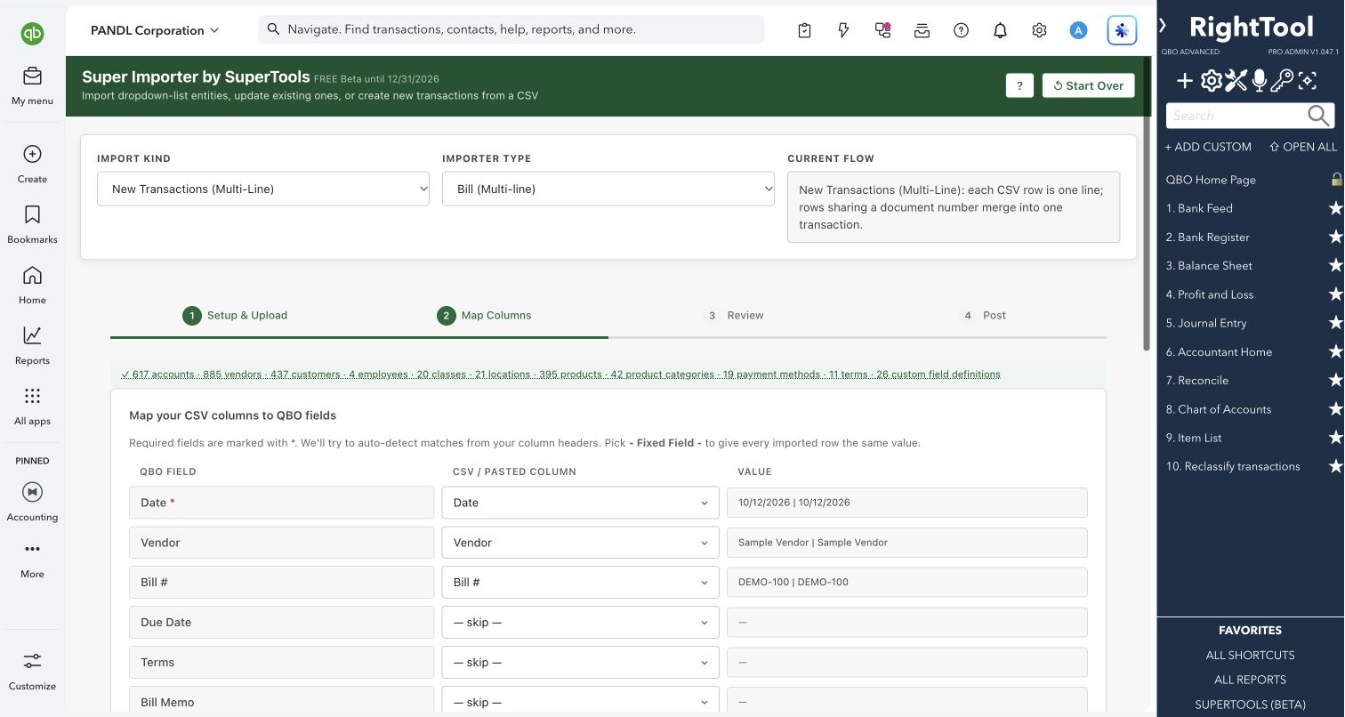 Map CSV columns before review and posting