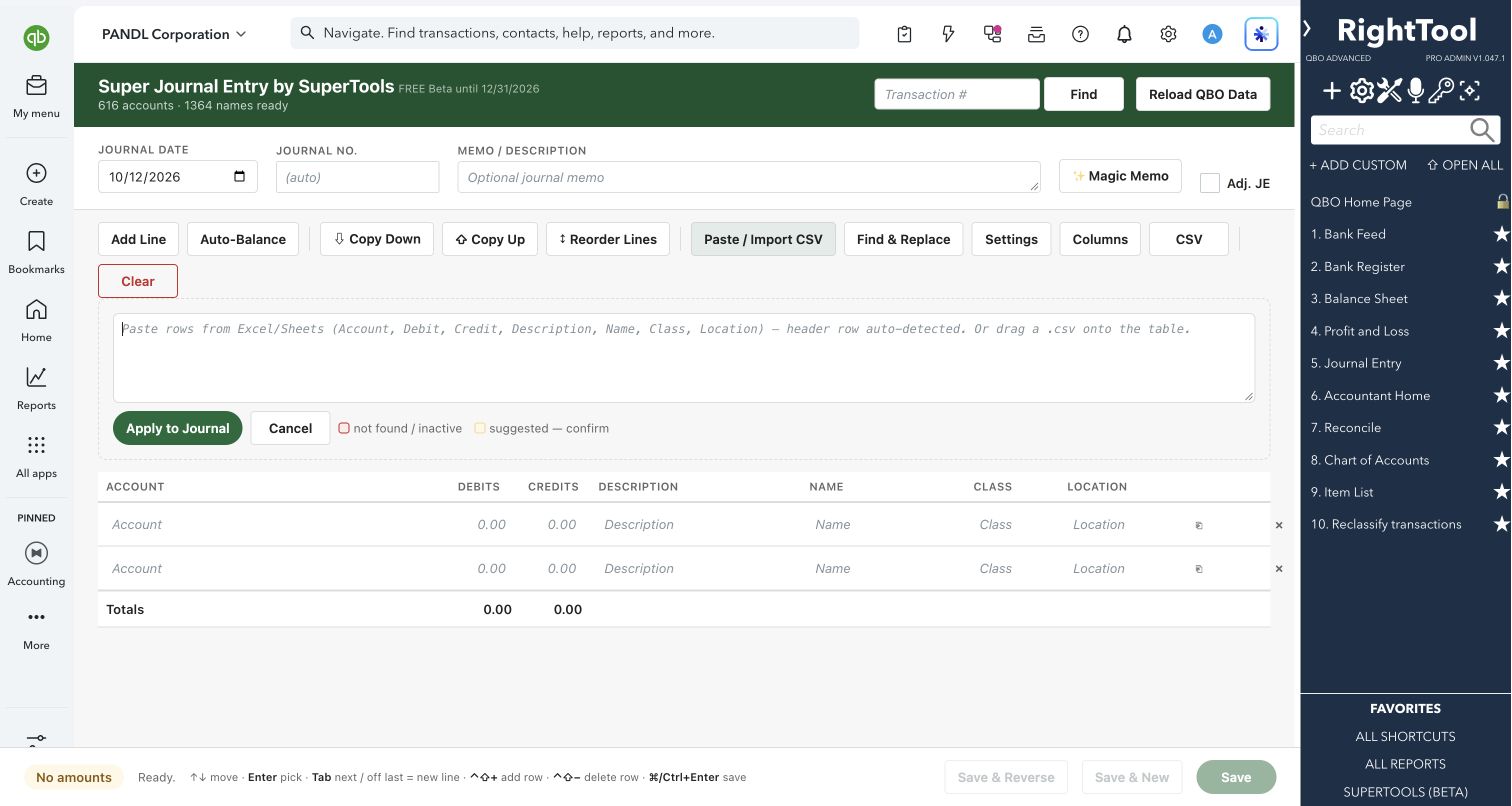 Paste spreadsheet rows into a journal entry