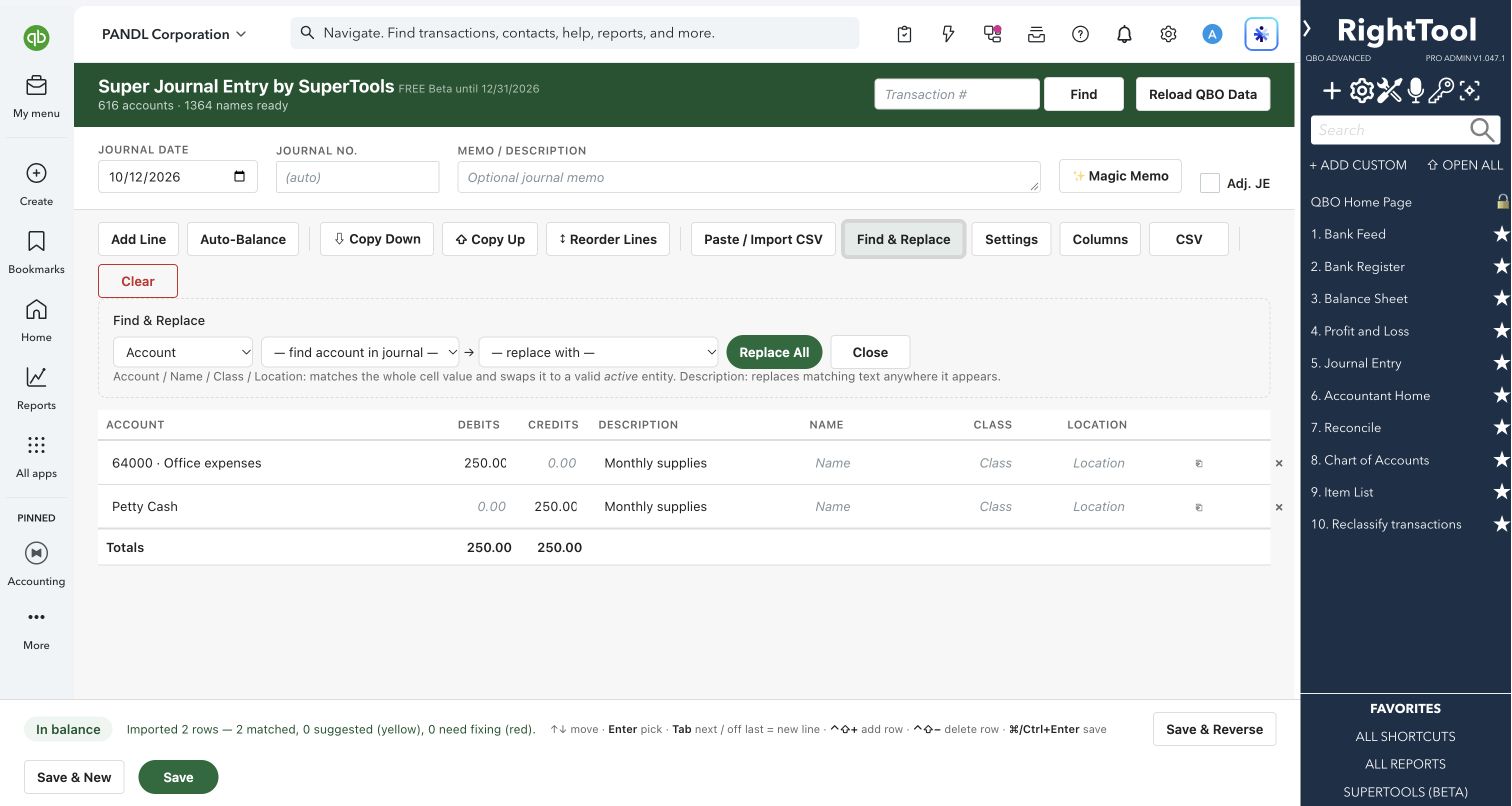 Find and replace values across journal lines