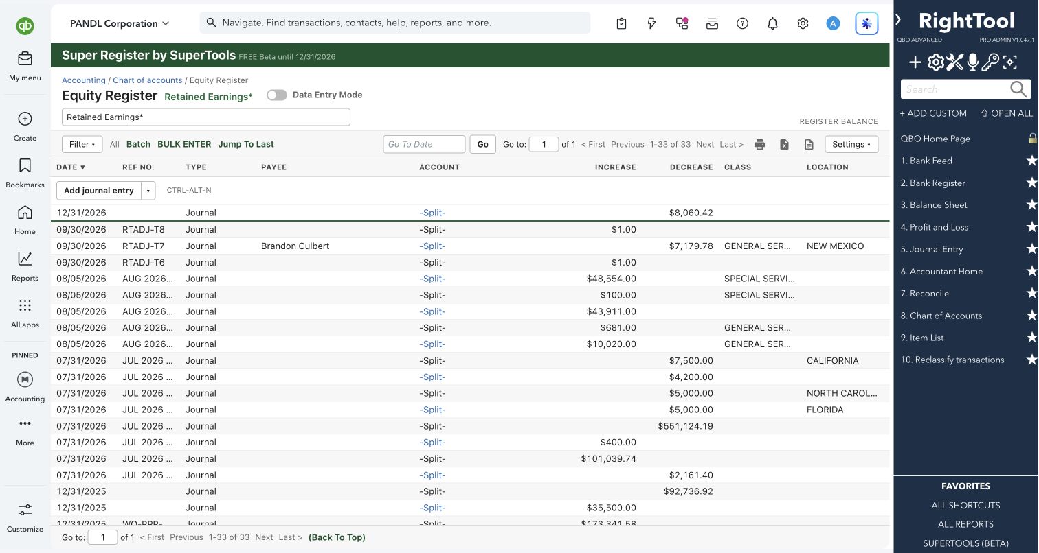 Account register with transaction details and balances