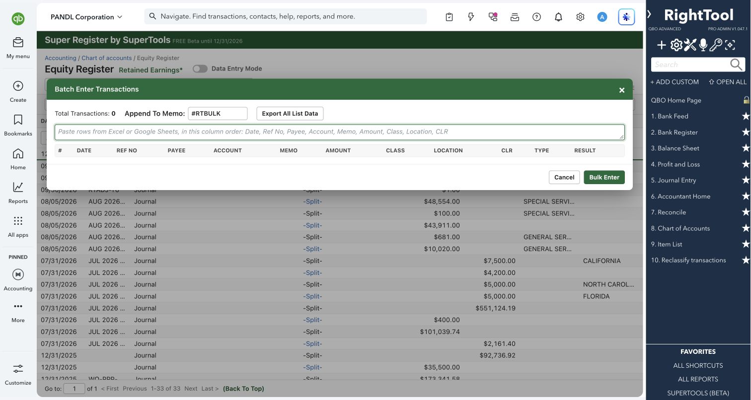 Batch enter transactions from spreadsheet rows