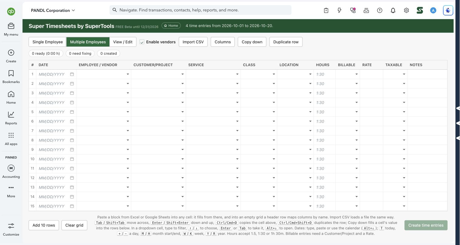 Choose spreadsheet-style team entry in Super Timesheets