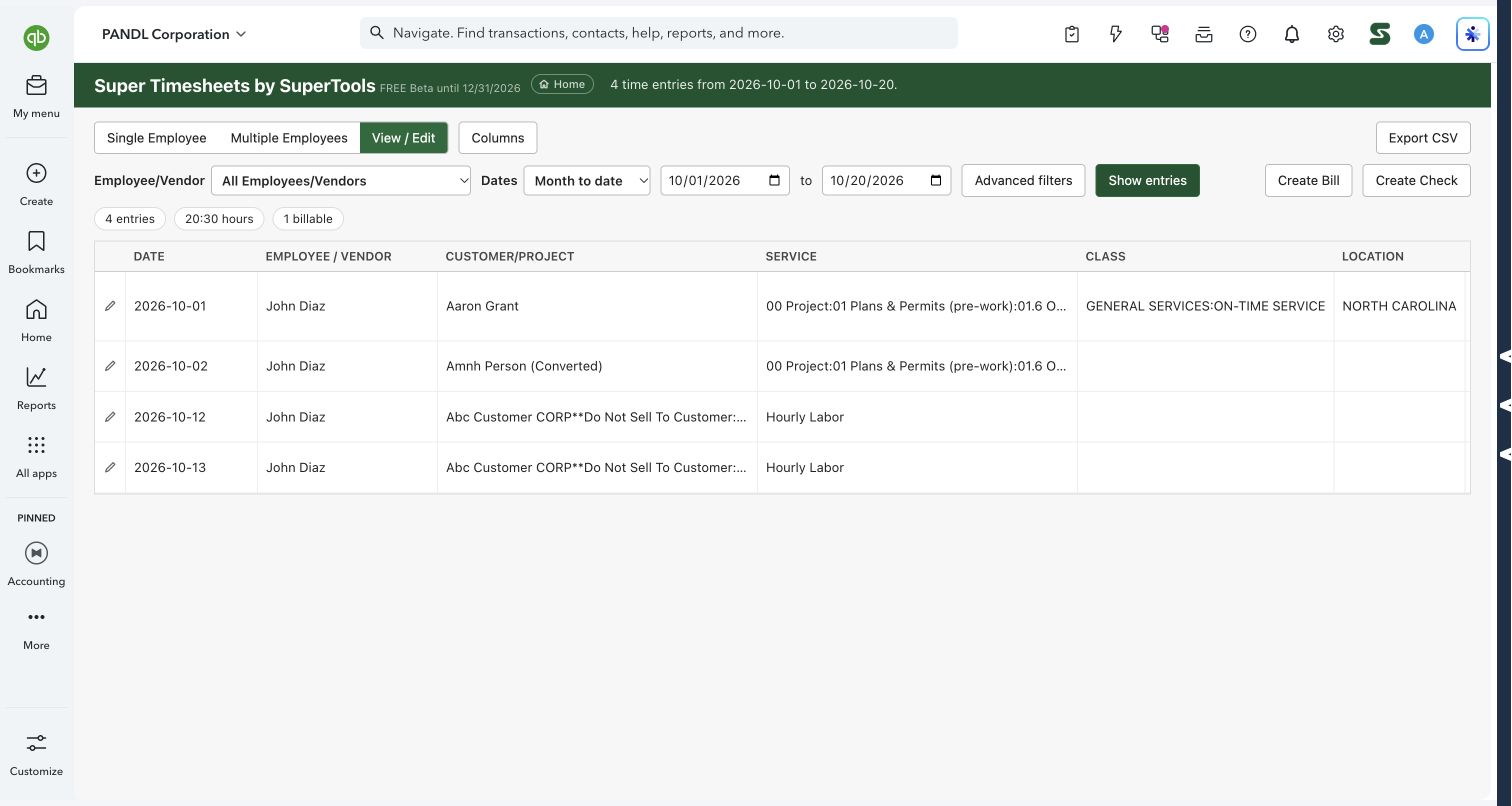 Filter and review existing time in Super Timesheets