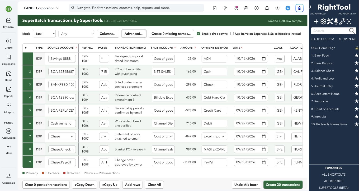 Prepared batch of sample expenses and deposits