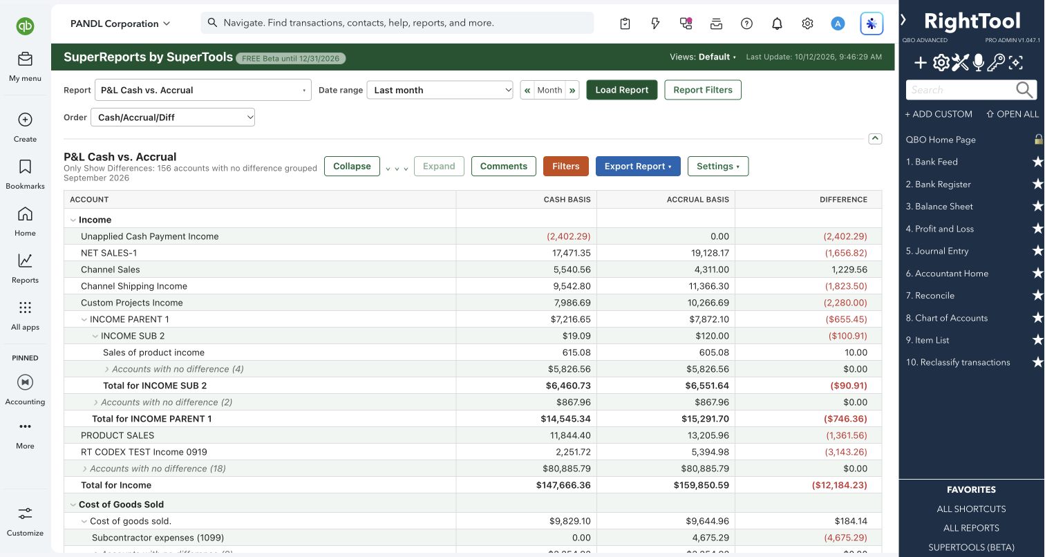 Compare cash and accrual P&L with differences and unchanged accounts grouped