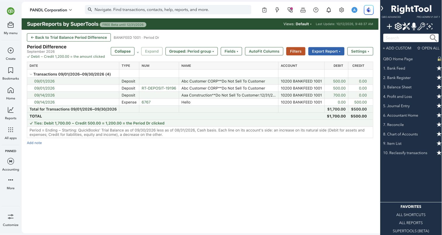 Trace Trial Balance period movement to transactions with a verified tie-out