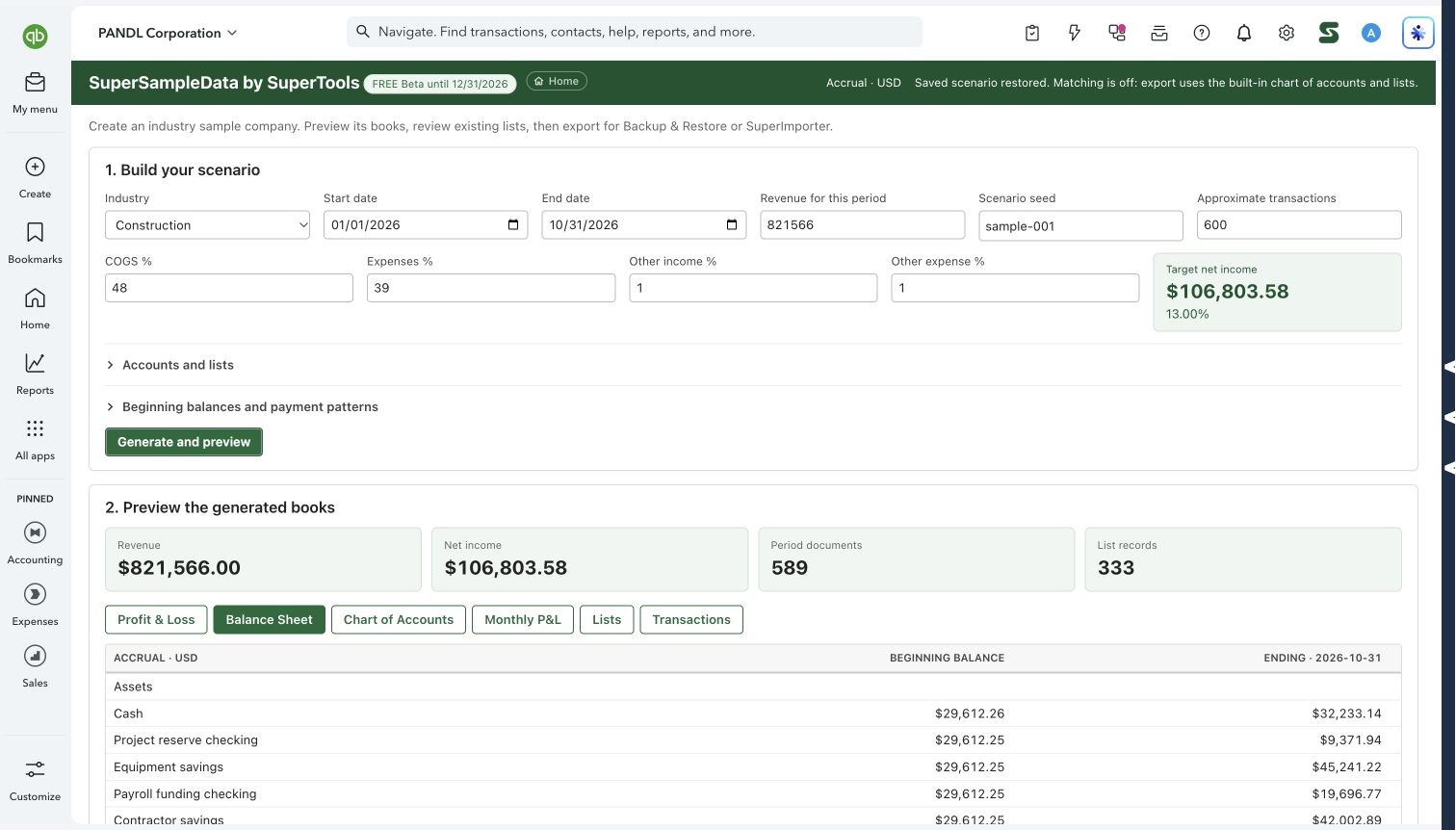 SuperSampleData in QuickBooks Online