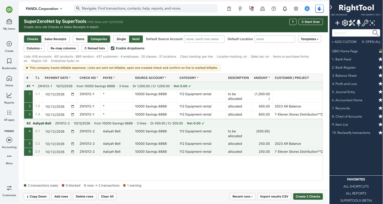 Zero-net checks with balanced allocation lines