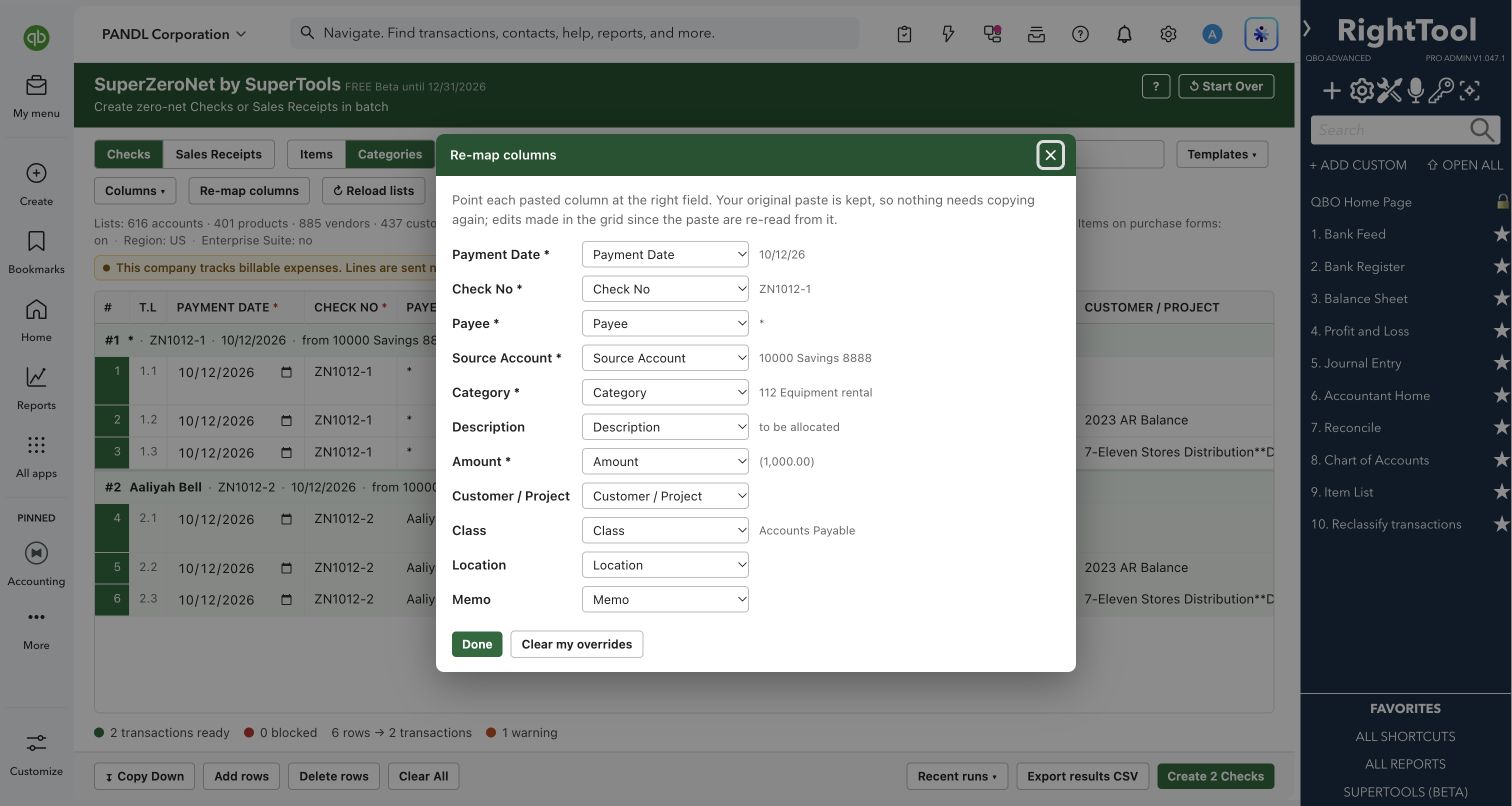 Map imported columns to zero-net transaction fields