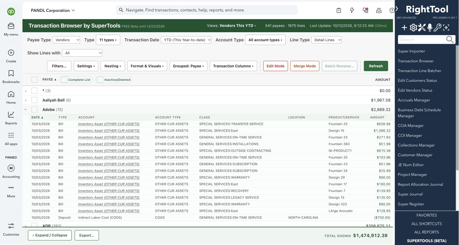 Expand payee transaction lines