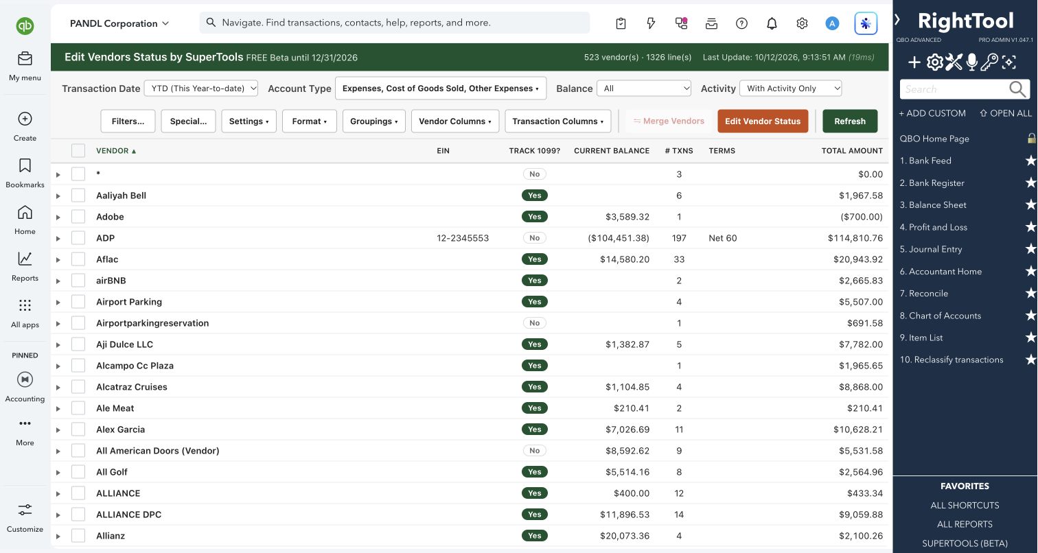 Vendor status and transaction activity