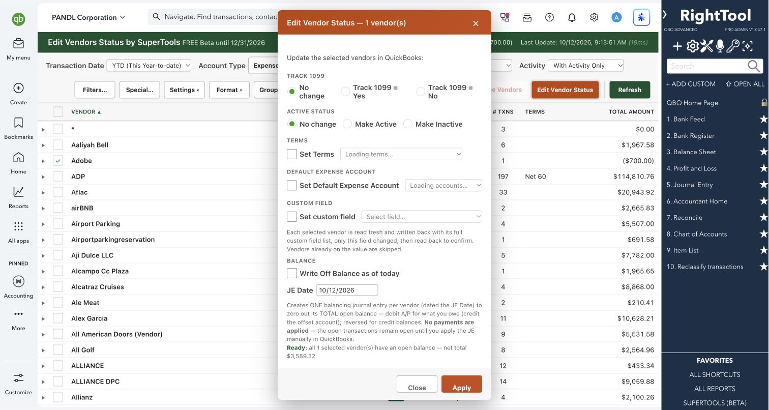 Batch 1099, active status, terms and expense account options